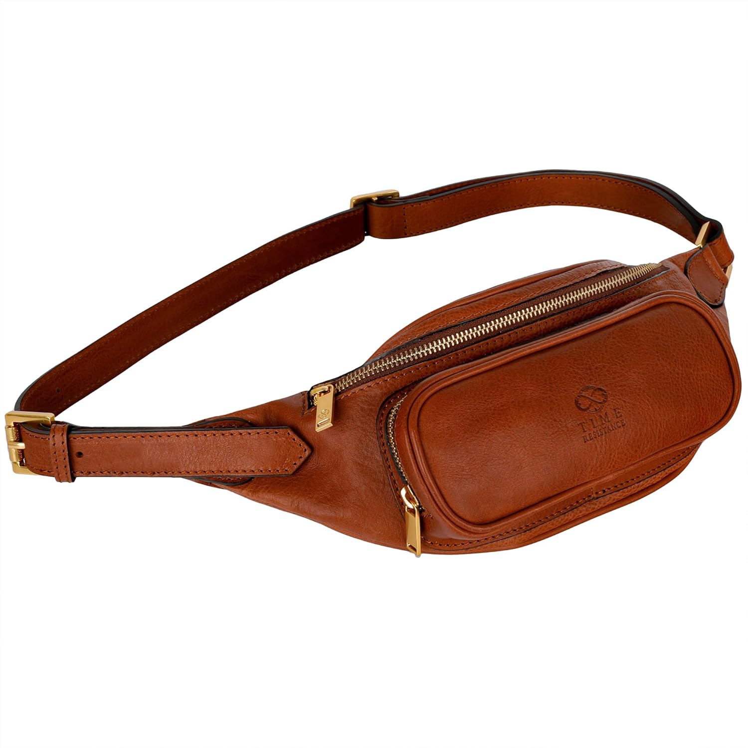 Time Resistance Leather Waist Pack - Belly Bag, Belt Bag, Fanny Pack - Handmade in Italy (Cognac Brown)