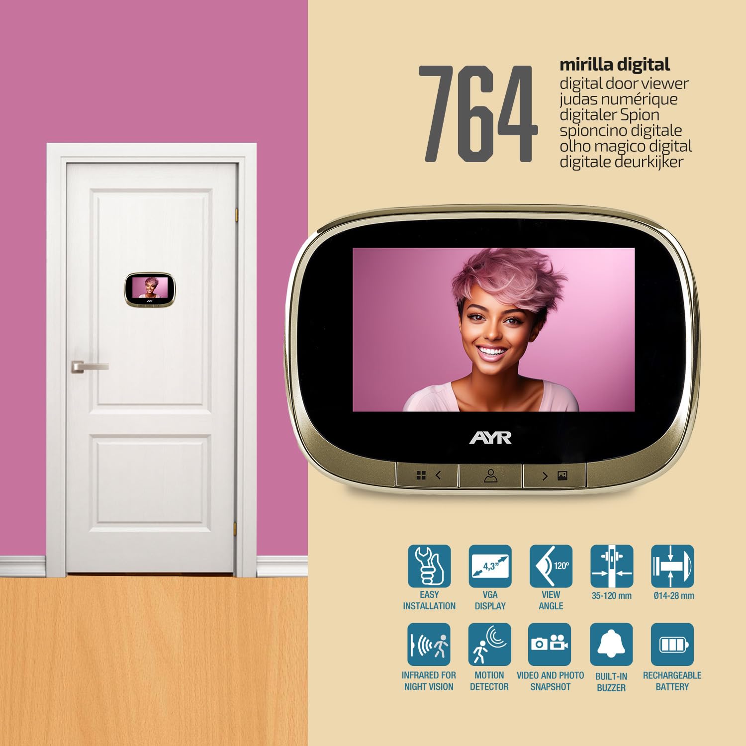 AYR Mirilla Digital de Puerta con Gran Pantalla a Color de 4,3". Cámara con Infrarrojos y visión Nocturna, PIR; detección de Movimiento. Batería Recargable. Modelo 764.