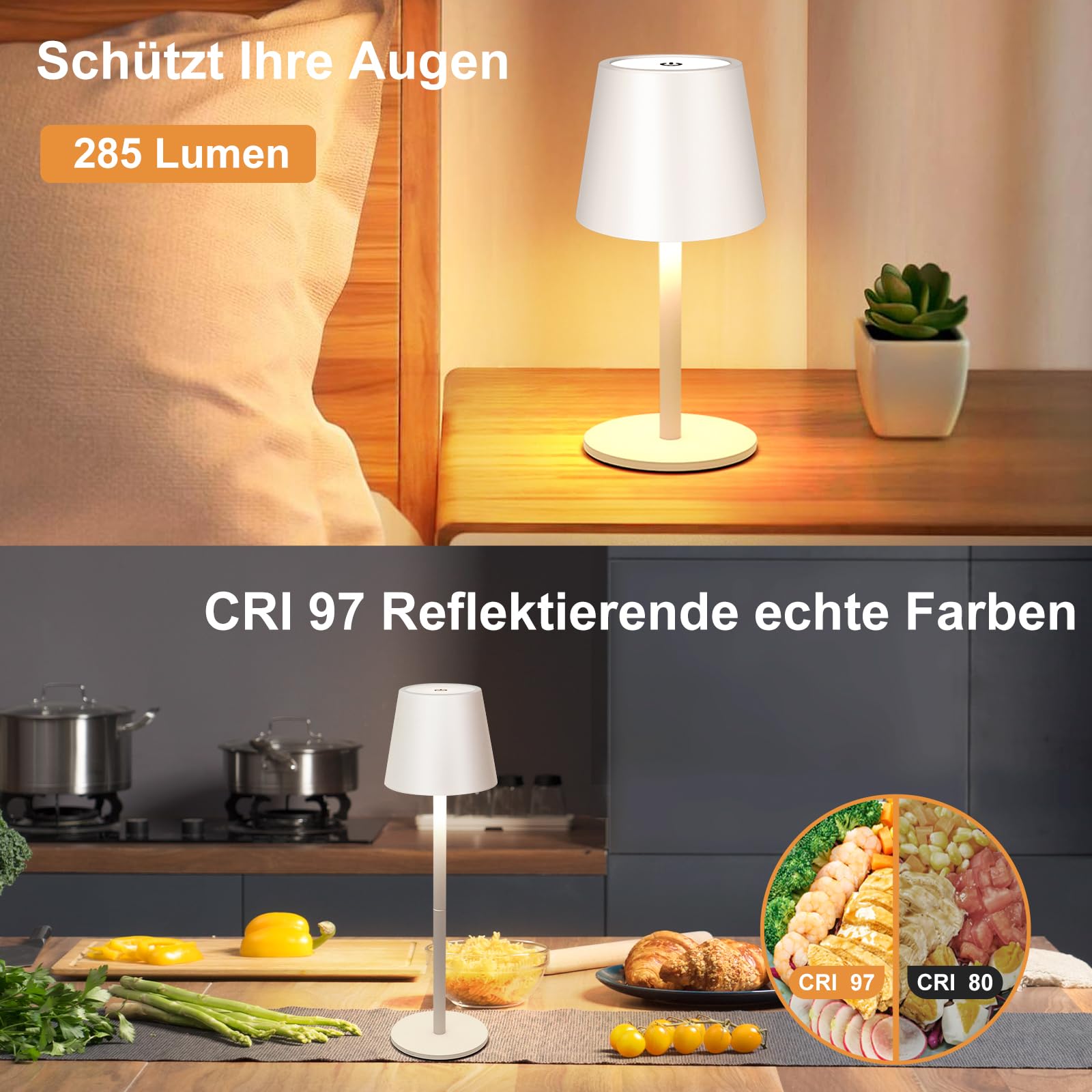 2 lámparas LED de mesa con batería, USB-C inalámbrica Lamparas de Mesa con 3 Temperaturas de Color Ajuste Tactil,5000mAh, IP54 resistente al agua, Adecuada para Interior,Exterior, Blanco