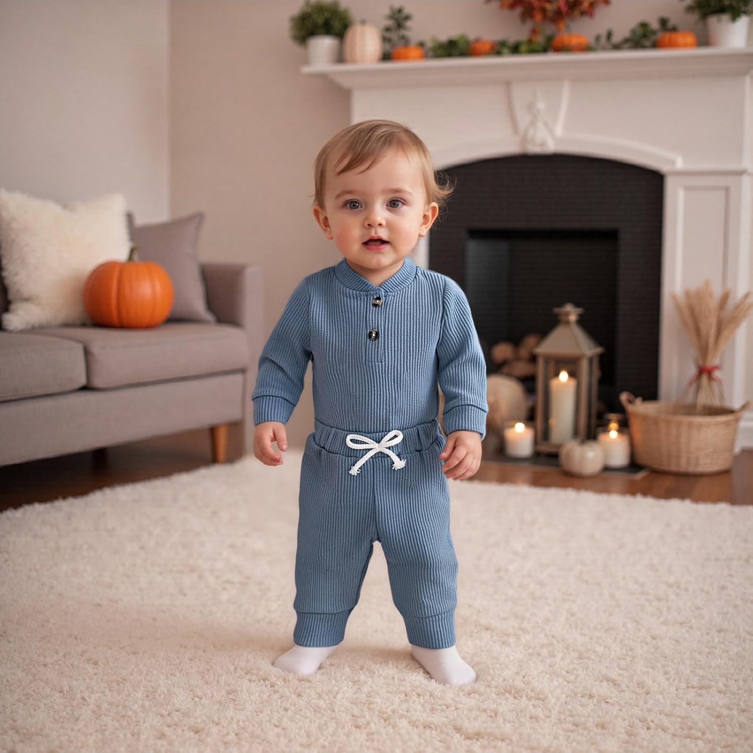 allshope Newborn Baby Boy Fall Outfit Romper Long Sleeve Solid Jumpsuit Bodysuit Elastic Waist Pants Infant Waffle Clothes - Image 3