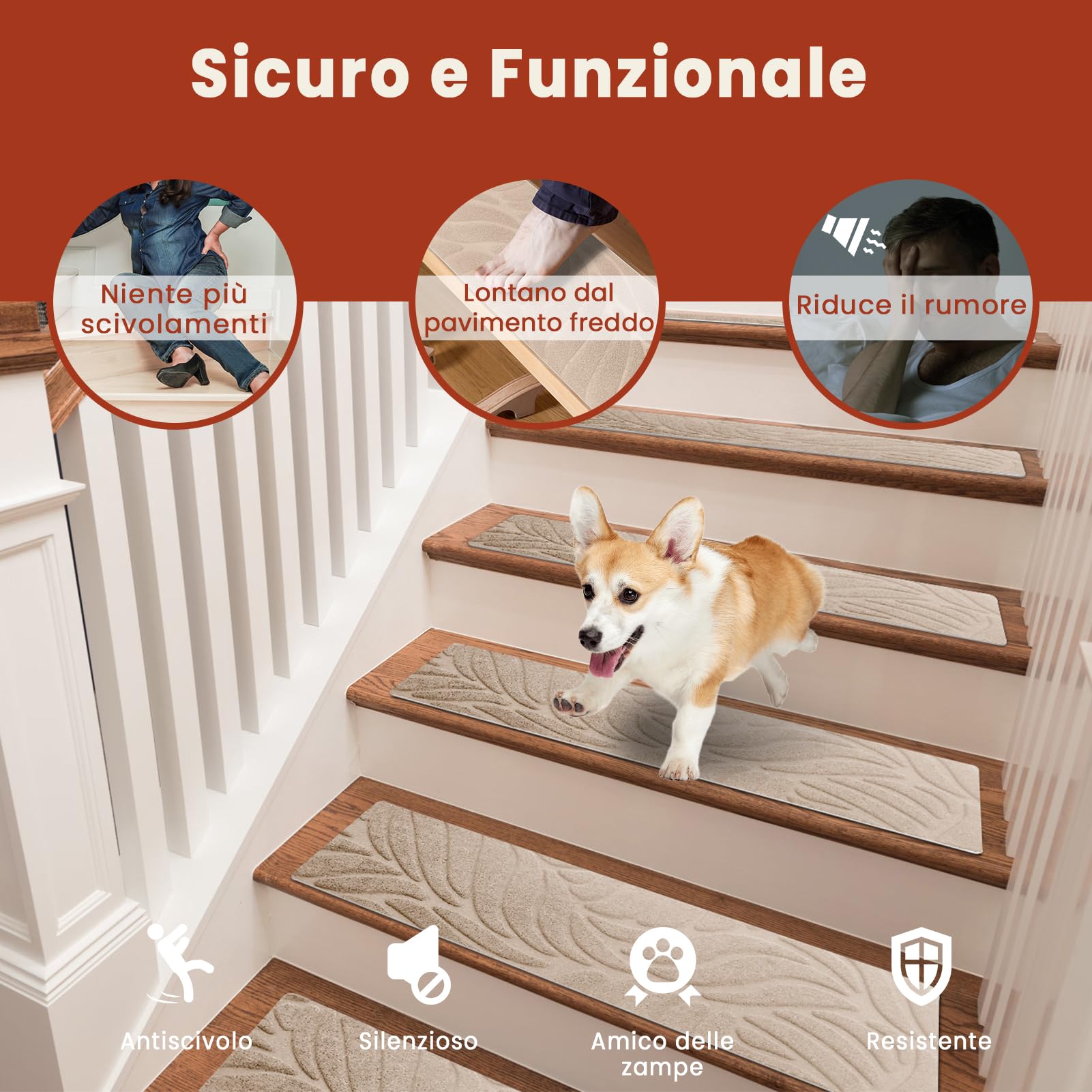 Tappetini per Scale Antiscivolo, 15 Tappetini Autoadesivi per Gradini Interni, Ritagliabile e Riutilizzabile - Protezione per Animali Domestici, Anziani e Bambini (Beige, 65x20 cm)
