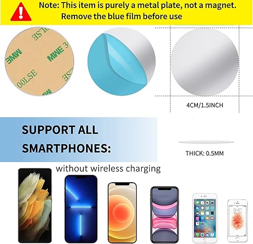 Miniatura 5 de SALEX Placas de metal para teléfono para montaje magnético de automóvil, pared, soporte de teléfono. Juego de 16 discos de hierro redondos plateados