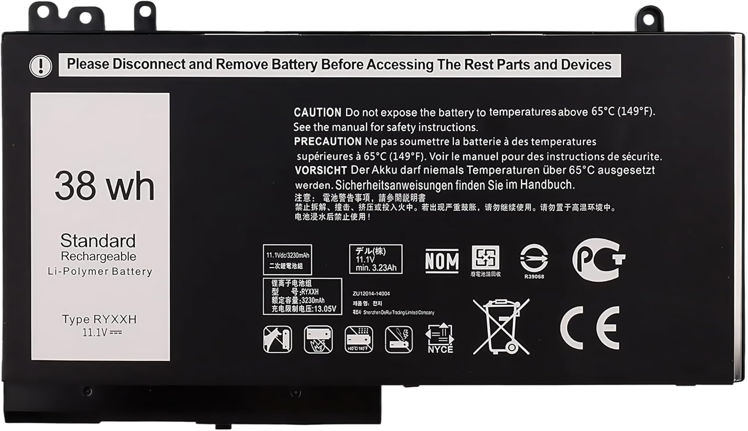 38Wh RYXXH 11.1V Standard Rechargeable Lithium Laptop Battery for DELL Latitude 3150,3160 Latitude E5250/5250, E5450/5450, E5550/5550 Series Notebook High Performance