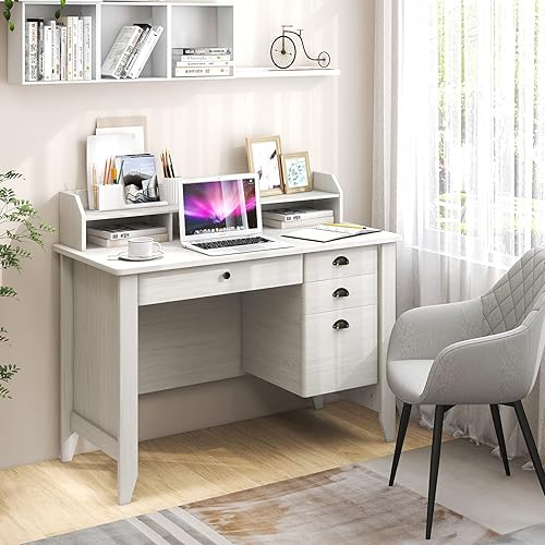 Miniatura 4 de Byroce - Escritorio para computadora con cajones y gabinete, escritorio de madera para oficina en casa con estantes de almacenamiento, estación de