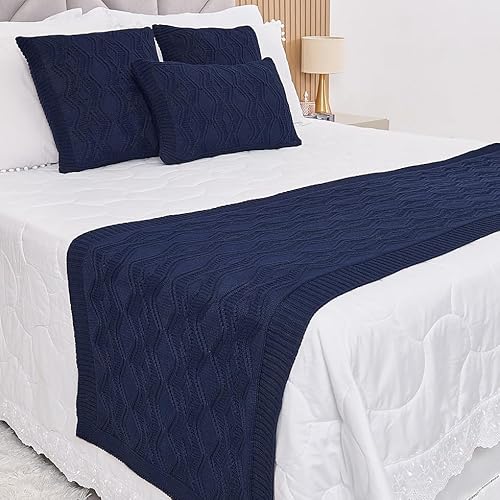 Kit Peseira Tricot Cama Casal King Aran + 3 Capas Almofadas (Azul Marinho)
