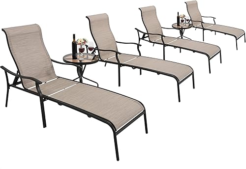 Miniatura 8 de HAPPATIO Tumbona para patio de 3 piezas, silla de patio con mesa de centro de cristal, silla de piscina con tela de textileno transpirable para