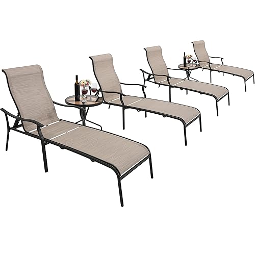 HAPPATIO Patio Chaise Lounge Set 6 Pieces,Patio Lounge Chair with Glass Coffee Table,Pool Lounge Chair with Breathable Textilene Fabric,Patio Chaise Lounge Chair(Brown)