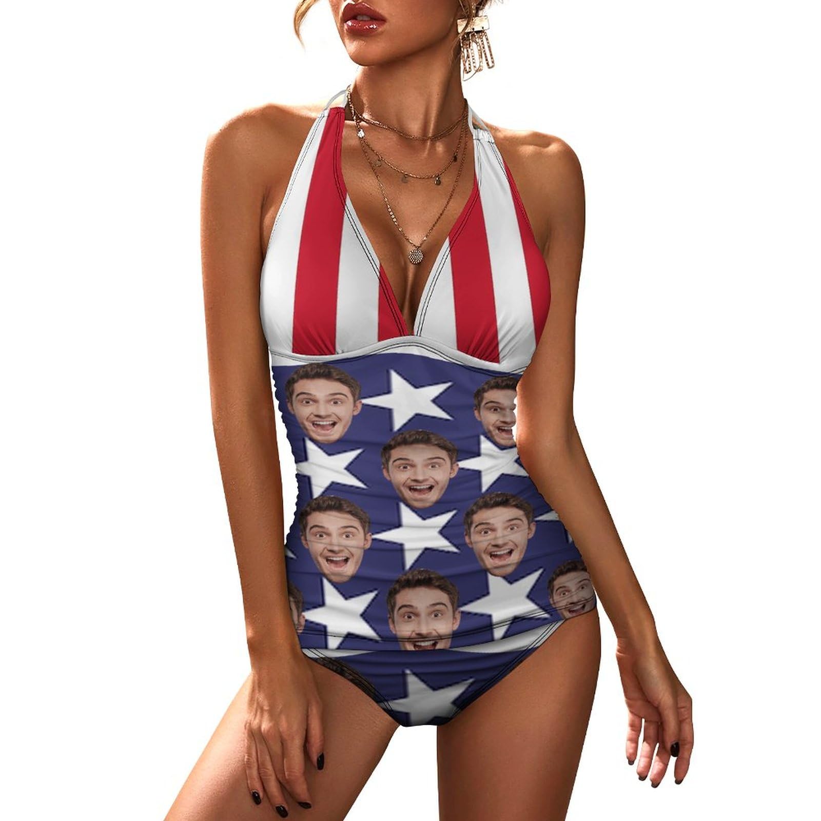 Personalized Husband Face on Women V Neck Swimsuits American Flag 2 Piece Bathing Suits Swim