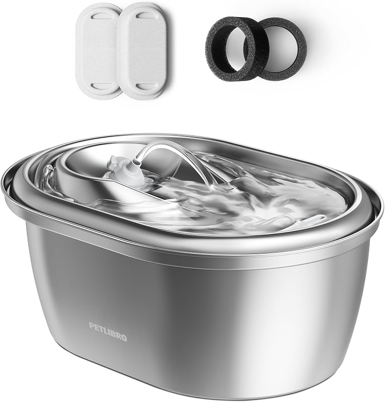 Stainless Steel Cat Water Fountain, 101oz/3L Automatic Water Dispenser for Cats Indoor, Quiet Pet Water Dispenser with 2 Filters, Adjustable Flow Cat Fountain Also for Small Dogs