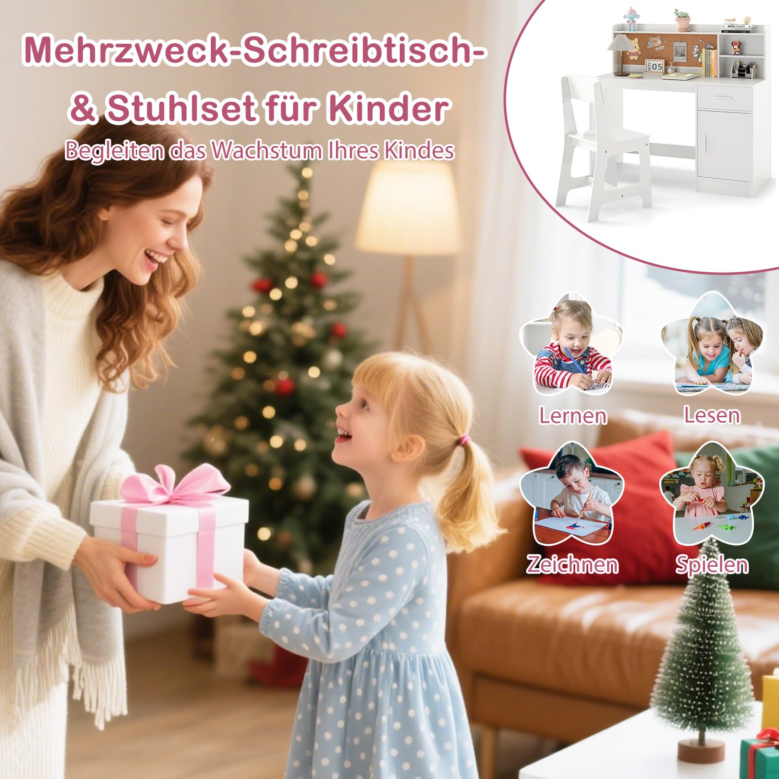 GOPLUS Schreibtisch Kinder mit Stuhl, Kinderschreibtisch Holz mit Regal, Schublade, Schrank & Pinnwand, Jugendschreibtisch zum Essen, Lernen, Zeichnen, für Mädchen & Junge ab 3-8 Jahren (Weiß)