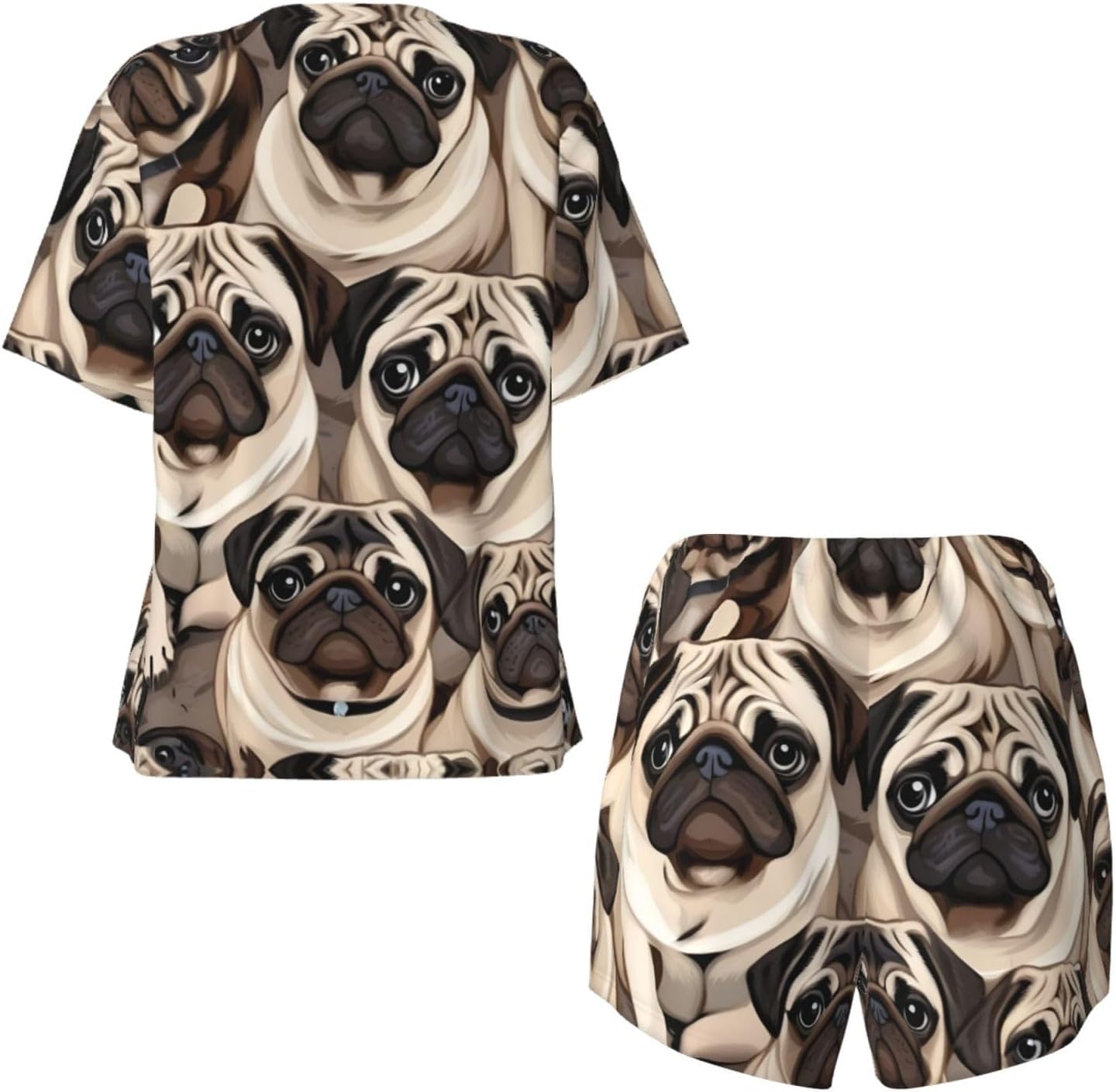 Funny Pug Pattern Print Two Piece Outfits For Women Lounge Sets Shorts Pajama Short Sleeve Nightwear Set