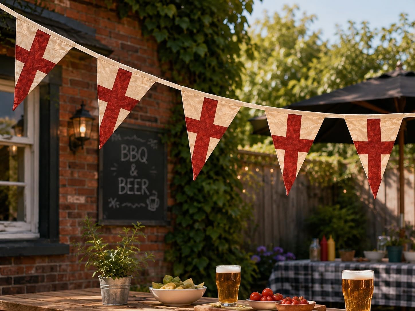 Vintage England Flag Bunting Banner, 5 Meter Cotton Garland with 10 Double-Sided English Flags, St. George’s Cross Party Decoration for St. George’s Day Football