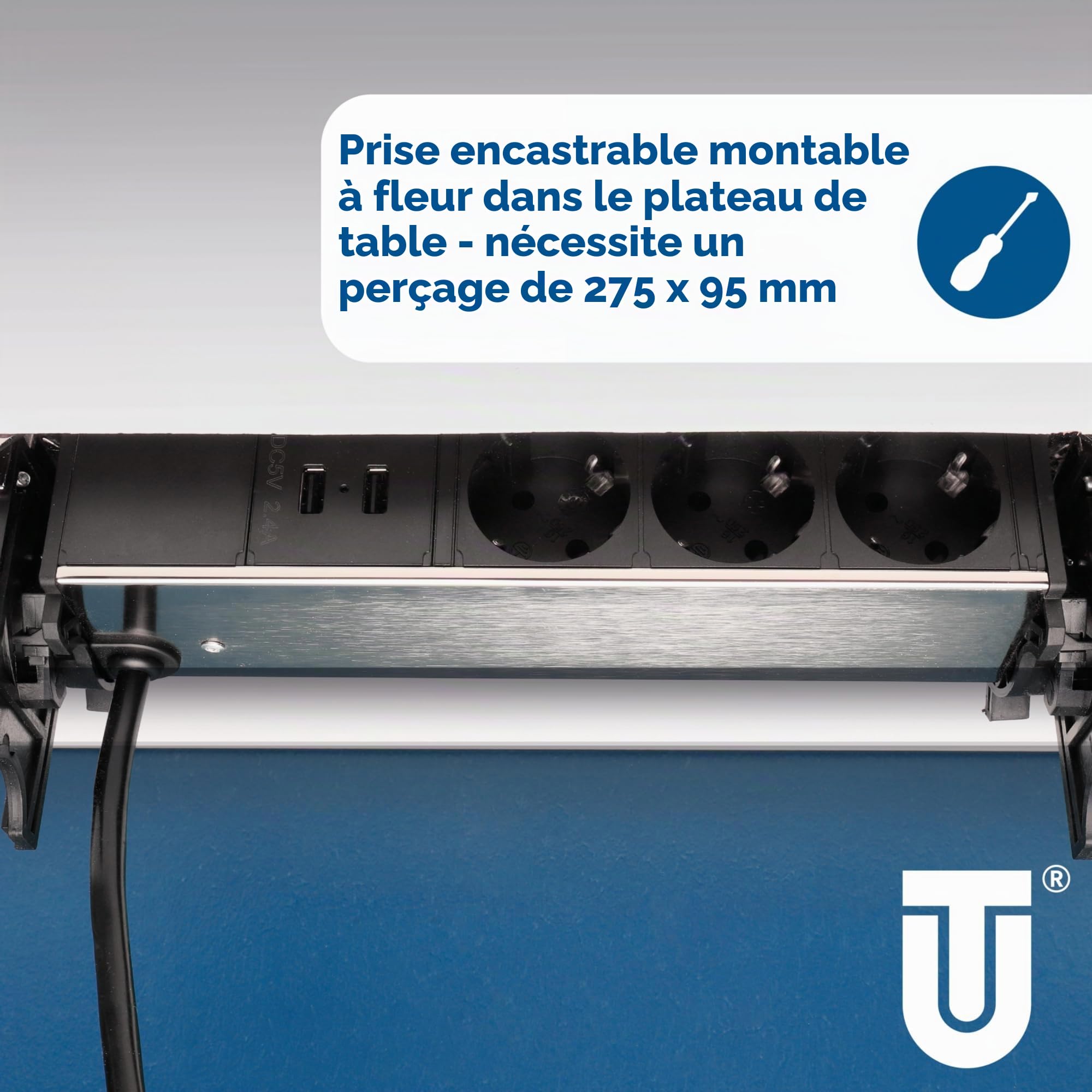 Unitec Multiprise escamotable horizontale | 2 prises de charge USB | 3 prises | rabats de fixation inclus | câble de raccordement et prise d'alimentation