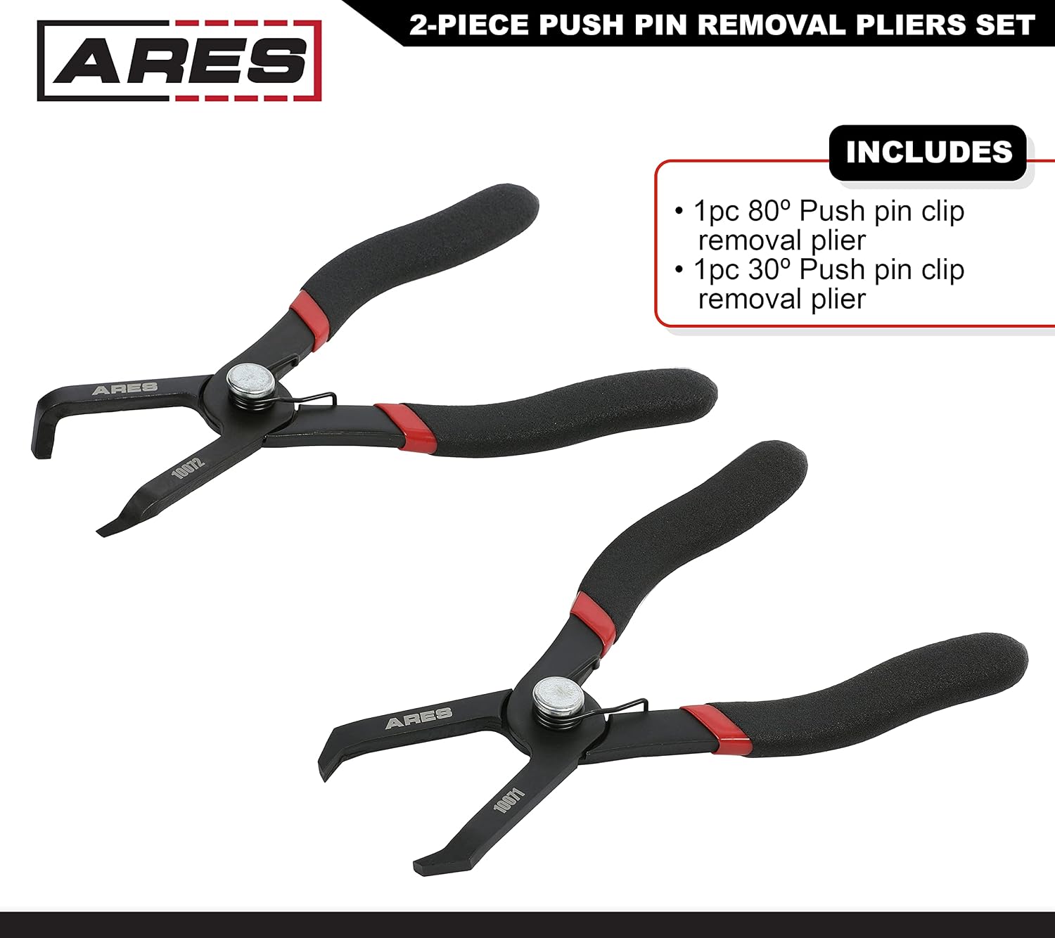 ARES 10073 – 2-Piece Push Pin Removal Pliers Set – Includes 30 Degree and 80 Degree Pliers - Easily Removes Push Pin Style Fasteners - Prevents Damage to Trim and Fasteners