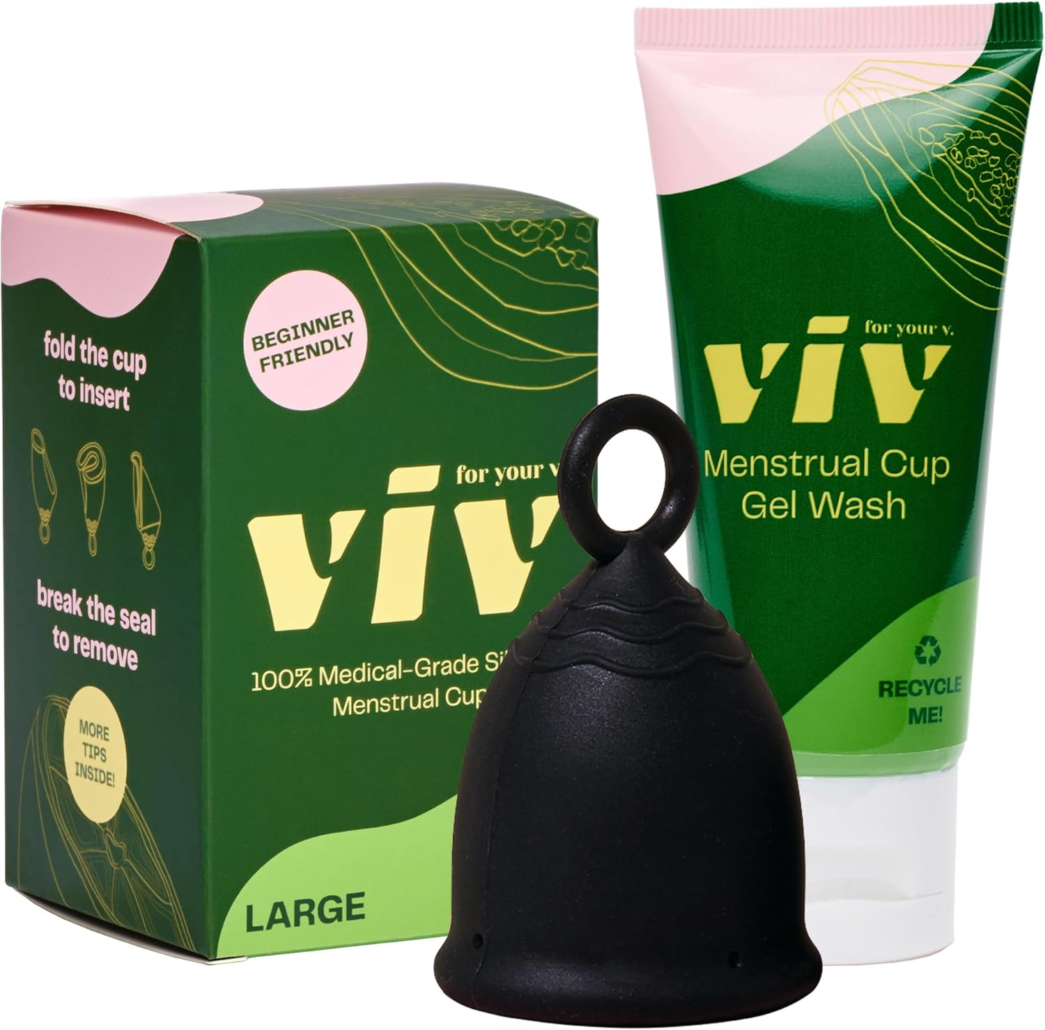 Viv for Your V Large Menstrual Cup + Gel Wash, Ring Stem for Easy Removal, Safe, Gentle Cleanser for Reusable Period Cup, 12 Hour Wear, Soft Medical Grade Silicone