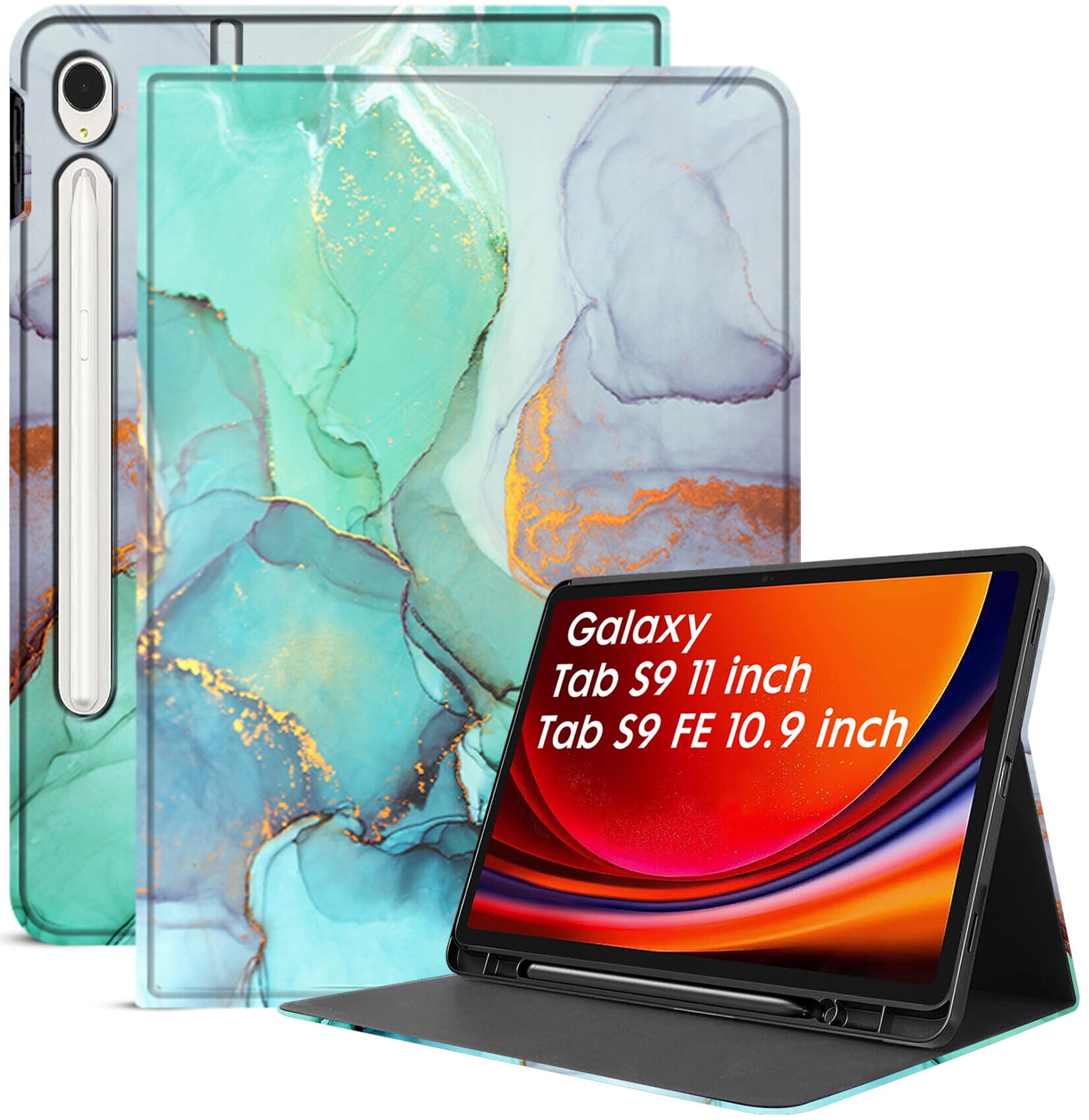 Robustrion Cover Case for Samsung Galaxy Tab S9 FE 10.9 inch/Tab S9 11 inch, Folio Cover Case with [Pencil Holder] [Auto Sleep Wake] for Samsung Tab S9 / S9 FE Tablet - Marble Green (B0D56G6CDM) Amazon Price History, Amazon Price Tracker