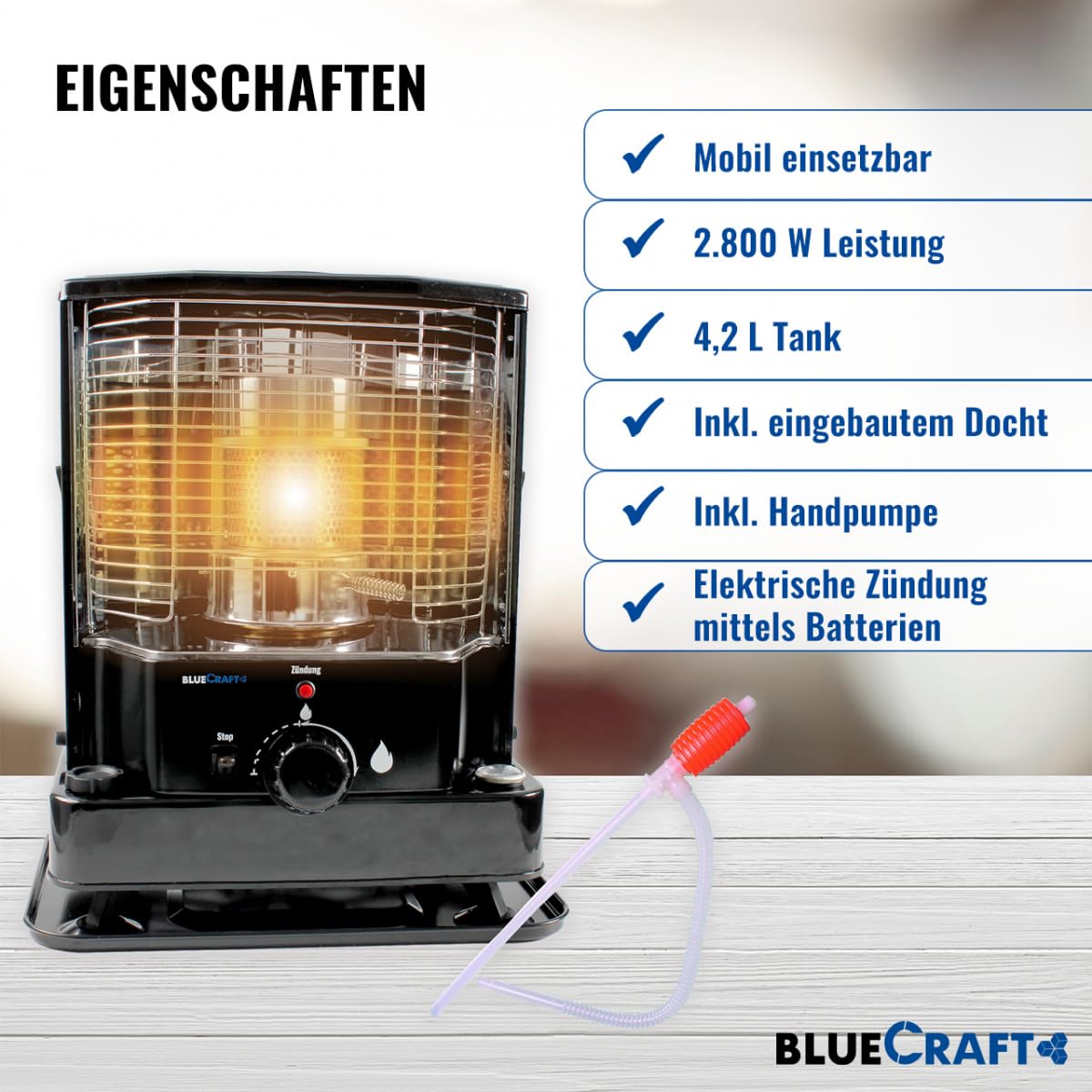 BlueCraft Petroleumofen Heizung ZT-85 inklusive Handpumpe für Petroleum L | Notofen | Camping-Heizung | Notheizung ohne Strom | Dochtofen