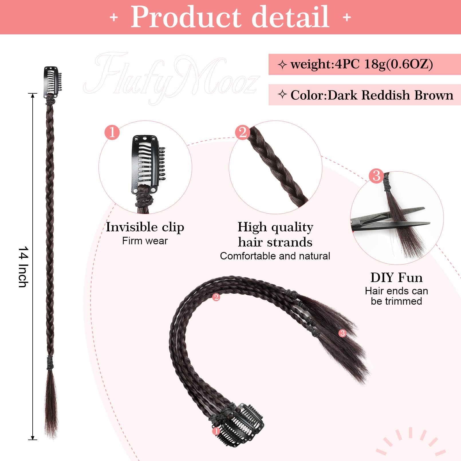 Flufymooz 4PC Braid in Hair Extension 14 Inch Clip in Braid Extensions for Women Synthetic Hairpieces for Daily Use Party Styling (Dark Reddish Brown) - Image 2