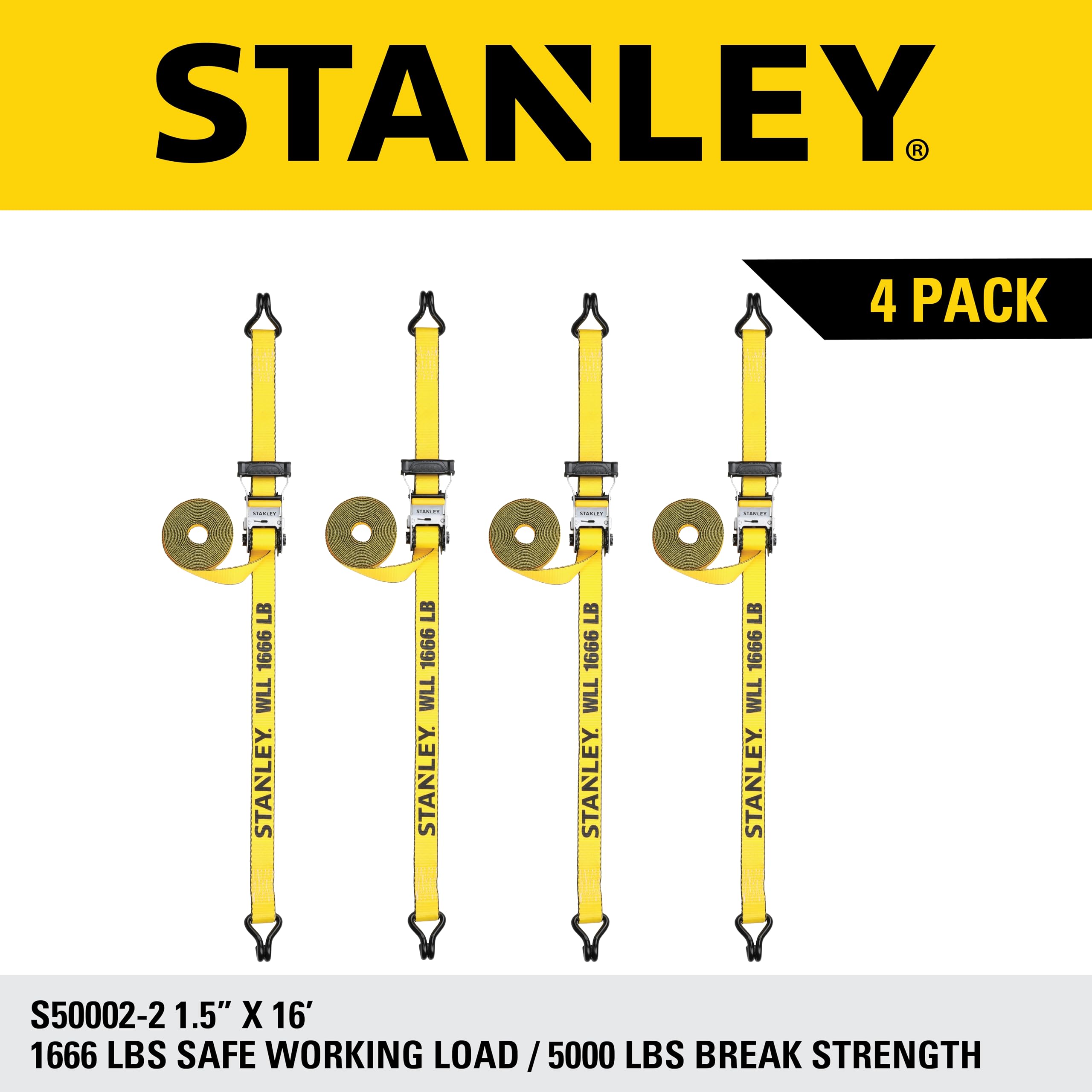 STANLEY S50002-2 - Correas de trinquete Resistentes de 1.5 Pulgadas x 16 pies (Resistencia a la Rotura de 5 Libras), Paquete de 4