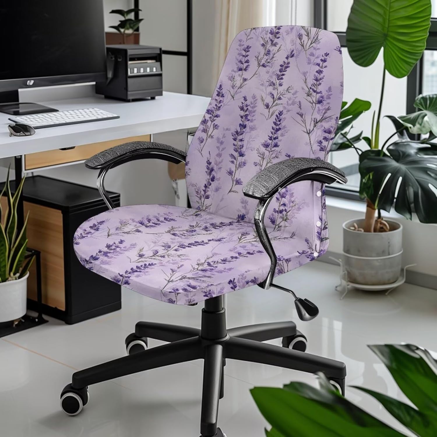 Lavender Computer Mesh Back Office Chair Cover, Modern Desk Chair Cover Rotating Chairs Protective Slipcovers with Elastic Bottom Waterproof High Back Seat Protector No Arms Size L