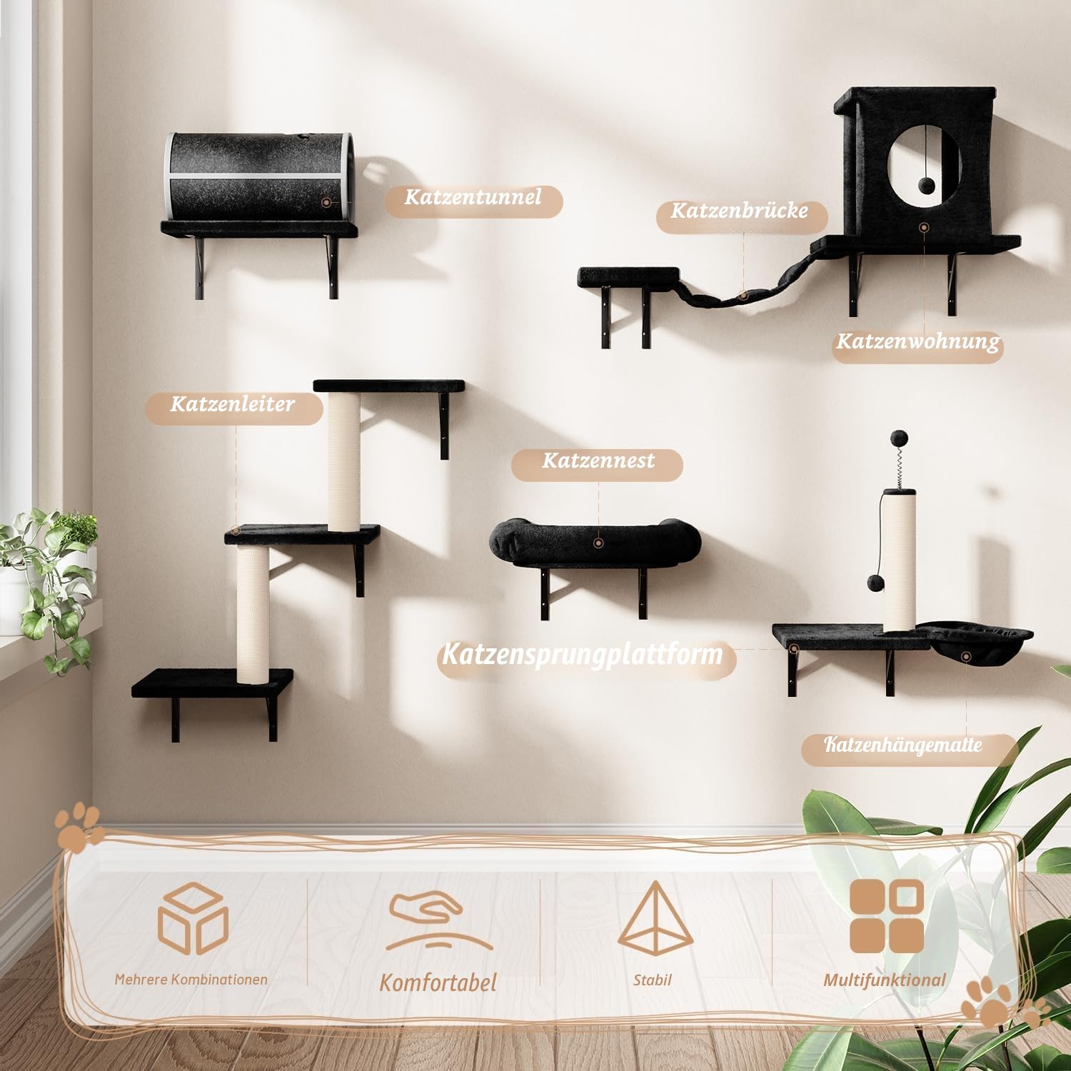 Kletterwand Katzen Set - 7-teilig, Stabiler Holzkletterer für Katzen, Wandpark mit Katzenhaus, Brücke, Tunnel, Baum, Treppe & Kratzbrett bis 10 kg (Schwarz)