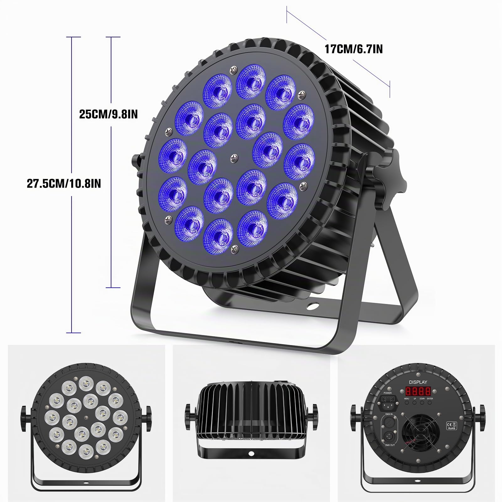 4PCS 200W Par LED avec Flightcase, RGBWA UV 18 Lumiere de Scene, D MX 7/10CH Eclairage Scene Boîtier en Aluminium avec Support pour scène DJ Party Show Bar Halloween Noël