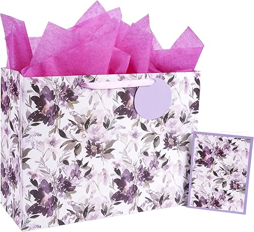 MAYPLUSS Bolsa de regalo extra grande de 16 pulgadas con tarjeta de felicitación y papel de seda, floral morado para el día de la madre, cumpleaños
