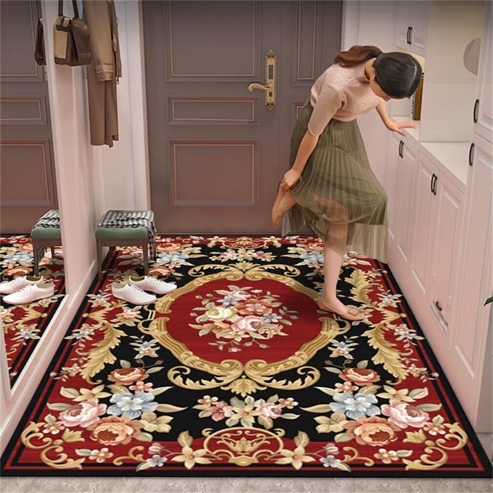 Tapis de salon lavable en machine 200x300cm avec motif floral rouge et noir pour grand séjour