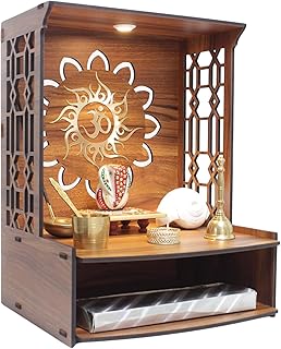 Wall Mounted Wooden Pooja Mandir for Home & Office with LED Spot Light, Big Size Temple, Pooja Stand with Door, Devghar, God Temple for Home, Pooja Shelf, Home Temple (Mandir Design 1)