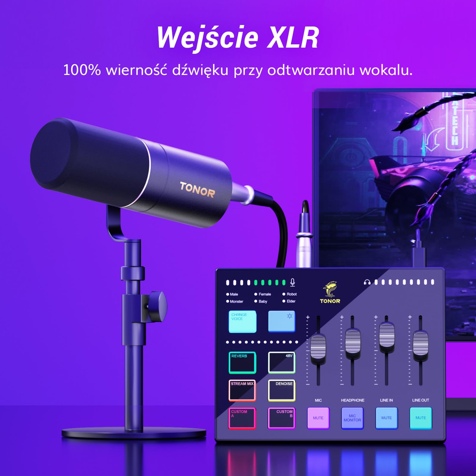 TONOR Interfejs audio do gier, mikser audio do streamingu, podcastów, nagrań studyjnych, 6,35 mm i kanał XLR, karta dźwiękowa z efektami świetlnymi RGB, do streamerów do gier, twórców treści TX310