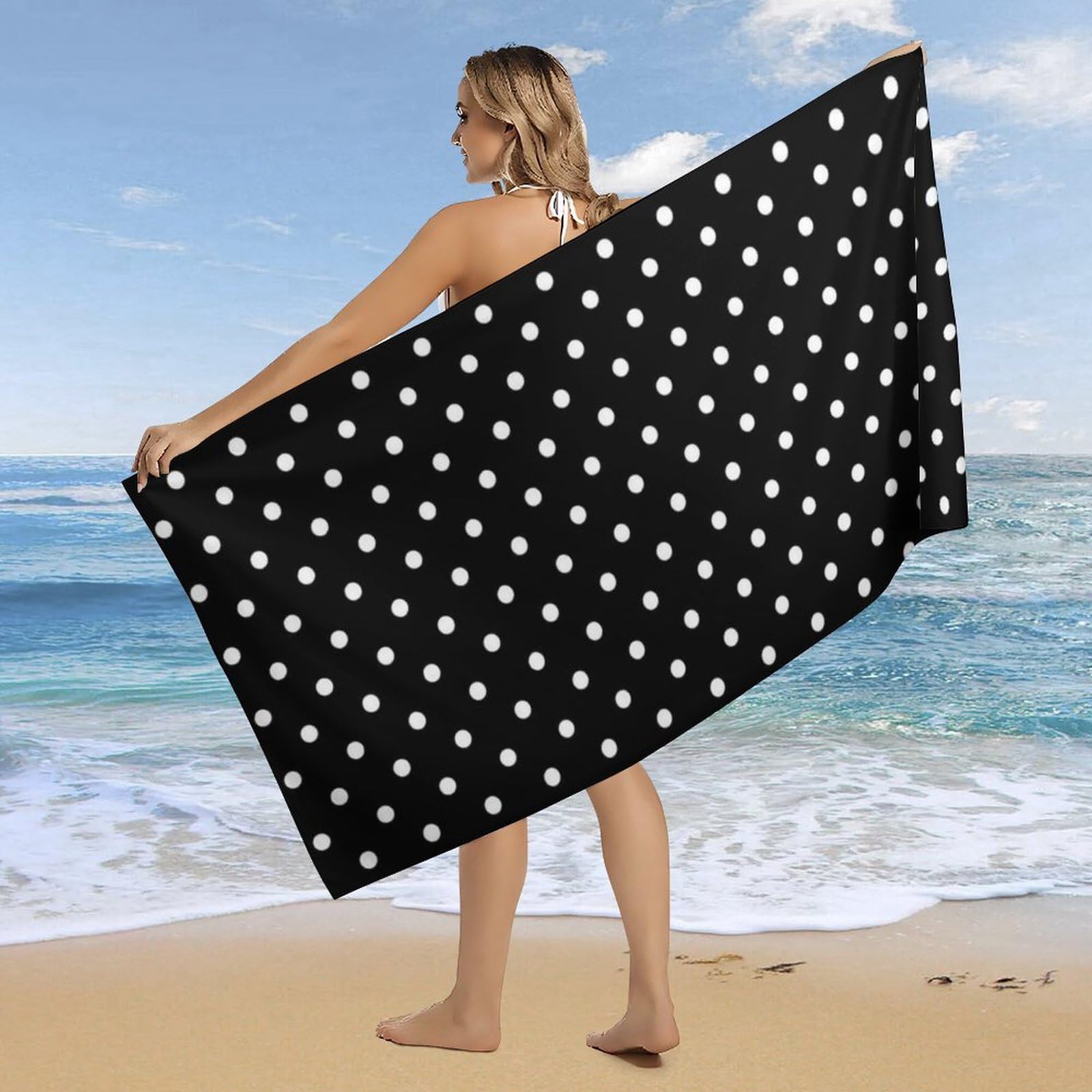 NZCVRFZE Black and White Polka Microfiber Beach Towel Blanket,Sand Proof Swimming Bath Pool Towel for Travel Camping Yoga Sport,Oversized,32