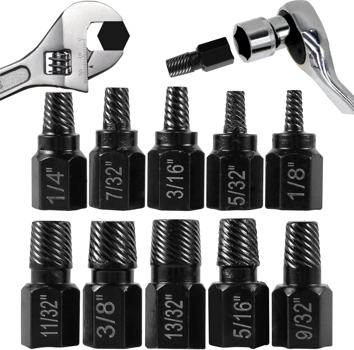 10 Pcs Screw Extractor Set, Hex Head Easy Out Bolt Extractor Set, Multi-Spline Stripped Screw Extractor Set, Broken Bolt Remover Kit, Damaged Screw Extractor Set for Removing Broken Studs, Bolts