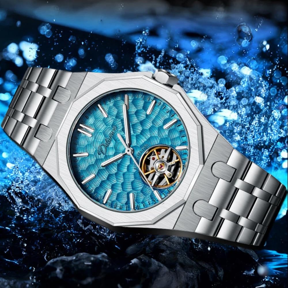 Einzigartige Uhr mit wassergeriffelter Oberfläche, hohl, Tourbillon, vollautomatisch, mechanische Herrenuhren, modisch, luxuriös, leuchtend, wasserdicht
