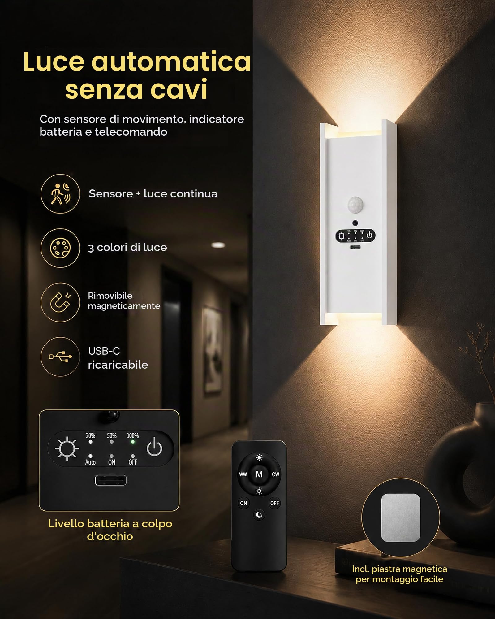 ACMHNC Lampada da Parete Senza Fili, Applique Ricaricabile da parete interno con Sensore di Movimento, 5W LED lampade senza corrente, Bianco Caldo, per Cameretta, Scale, Corridoio, Bianco