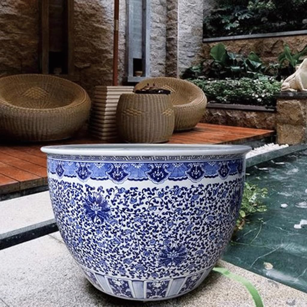 NEBE Pecera Pecera de pie for Patio, pecera de cerámica Azul y Blanca, Sala de Estar, Tanque de Tortuga, Maceta de Loto de Lirio de Agua al Aire Libre Pecera Simple De Lujo Ligera (Size : M)