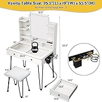 Vista 7 de TC-HOMENY Escritorio de maquillaje con parte superior de cristal, tocador con soporte para herramientas para el cabello y estación de carga, 2