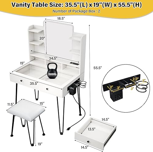 Miniatura 7 de TC-HOMENY Escritorio de maquillaje con parte superior de cristal, tocador con soporte para herramientas para el cabello y estación de carga, 2
