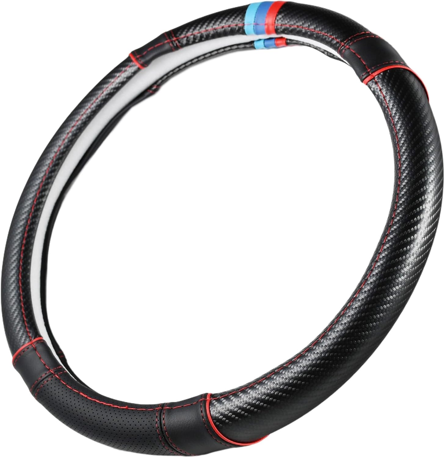 Carbon Fiber + Sporty Perforated Leather Steering Wheel Cover with Sporty Stripes, Non-Slip and Sweat Absorbent for 15 inches Car SUVs Pickup