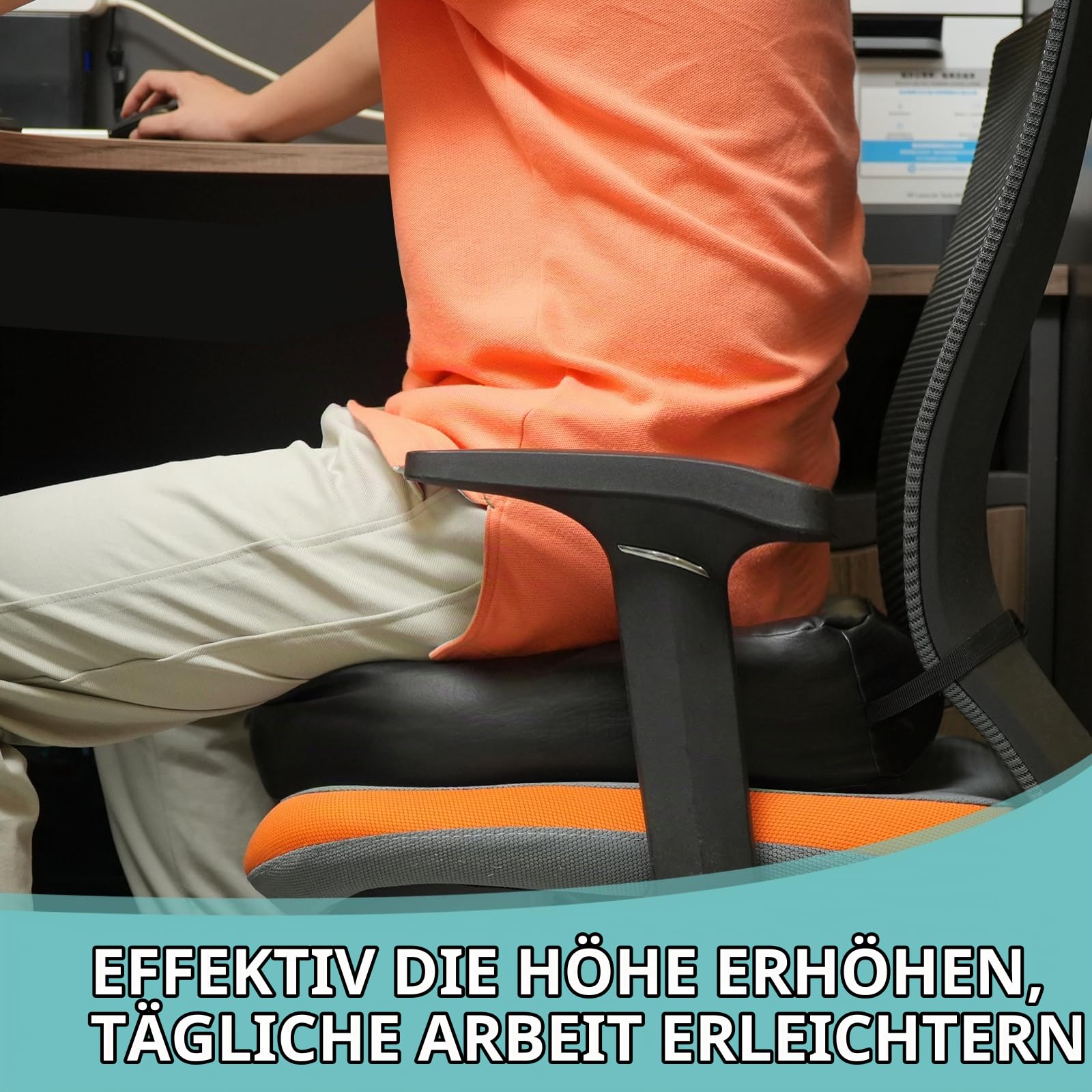 YOUFI Kunstleder Sitzkissen für Bürostuhl – Dicke Sitzerhöhung – volle Füllung für Unterstützung – mit atmungsaktivem Lederbezug, Griff und Schnalle – lindert Rückenschmerzen – (45 x 40 x 11 cm)
