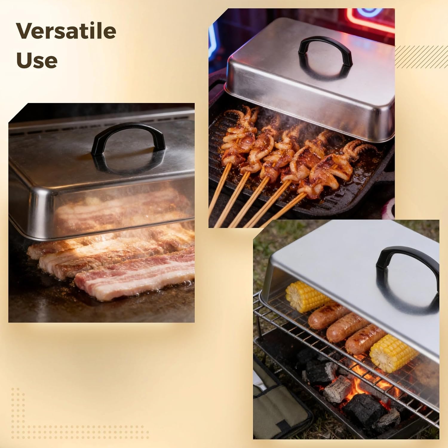 3 Pcs Basting Cover for Griddle, Cheese Melting Dome Set, Meat Press, Fish Spatula, BBQ Or Indoor Cooking