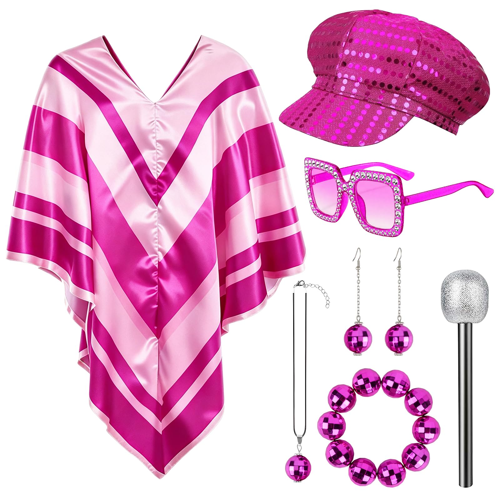 70s Disco Fancy Dress Set for Women 7PCS Retro Sequin Poncho Costume Accessories with Beret Hat, Square Sunglasses