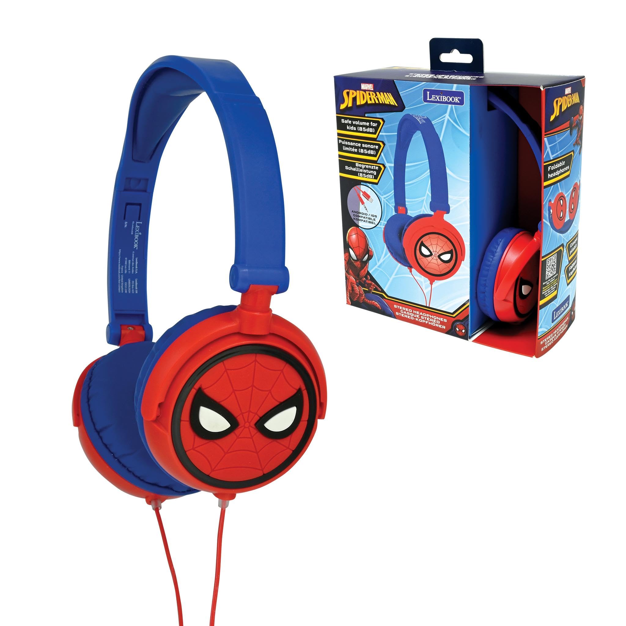 LEXIBOOK, Spider-Man, Stereo Headphones, kids safe volume, foldable and adjustable, red/blue, HP010SPLXB