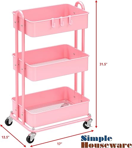 Miniatura 6 de Simple Houseware Carrito de metal resistente de 3 niveles, rosa