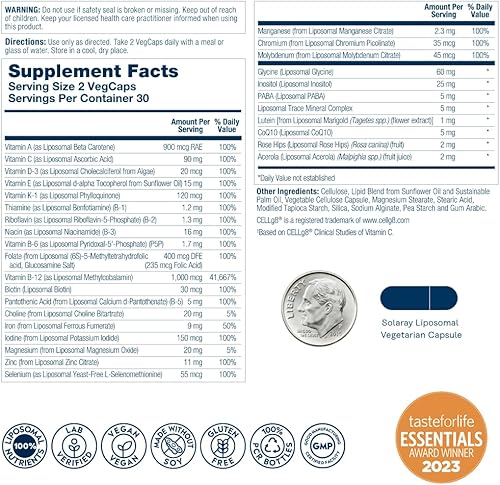 Miniatura 2 de SOLARAY Multivitamínico liposomal para hombres y mujeres, alta potencia, absorción mejorada, vitamina C, vitamina D, biotina, metilo B-12, olor
