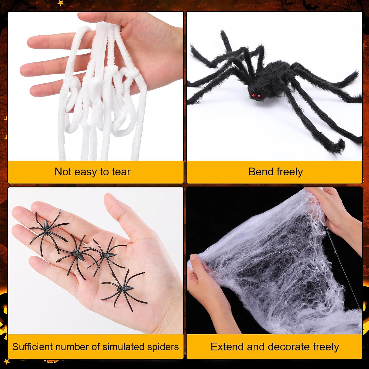 MotiMind Halloween Decoration Outdoor, 16.4 ft Triangle Web, 4.1 ft Giant Spider 50 Fake Spider for Halloween Yard Haunted House Party Decoration Supplies