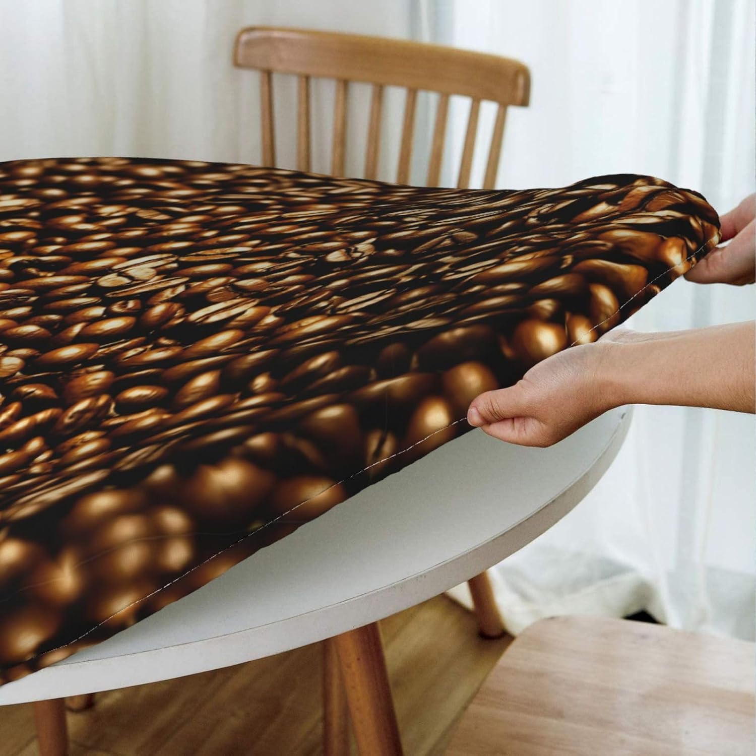 Funny Roasted Coffee Beans Print Outdoor Patio Kitchen Decor Supplies Wipeable Round Table Cloth for Indoor Outdoor