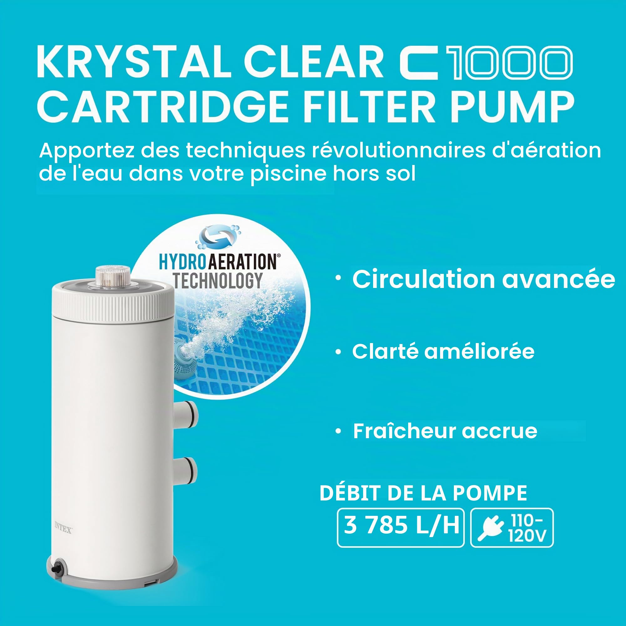 INTEX Krystal C1000 Pompe de filtration à cartouche transparente pour piscine hors sol : débit de la pompe 1000 GPH – Circulation et filtration améliorées – Installation facile – Clarté améliorée de