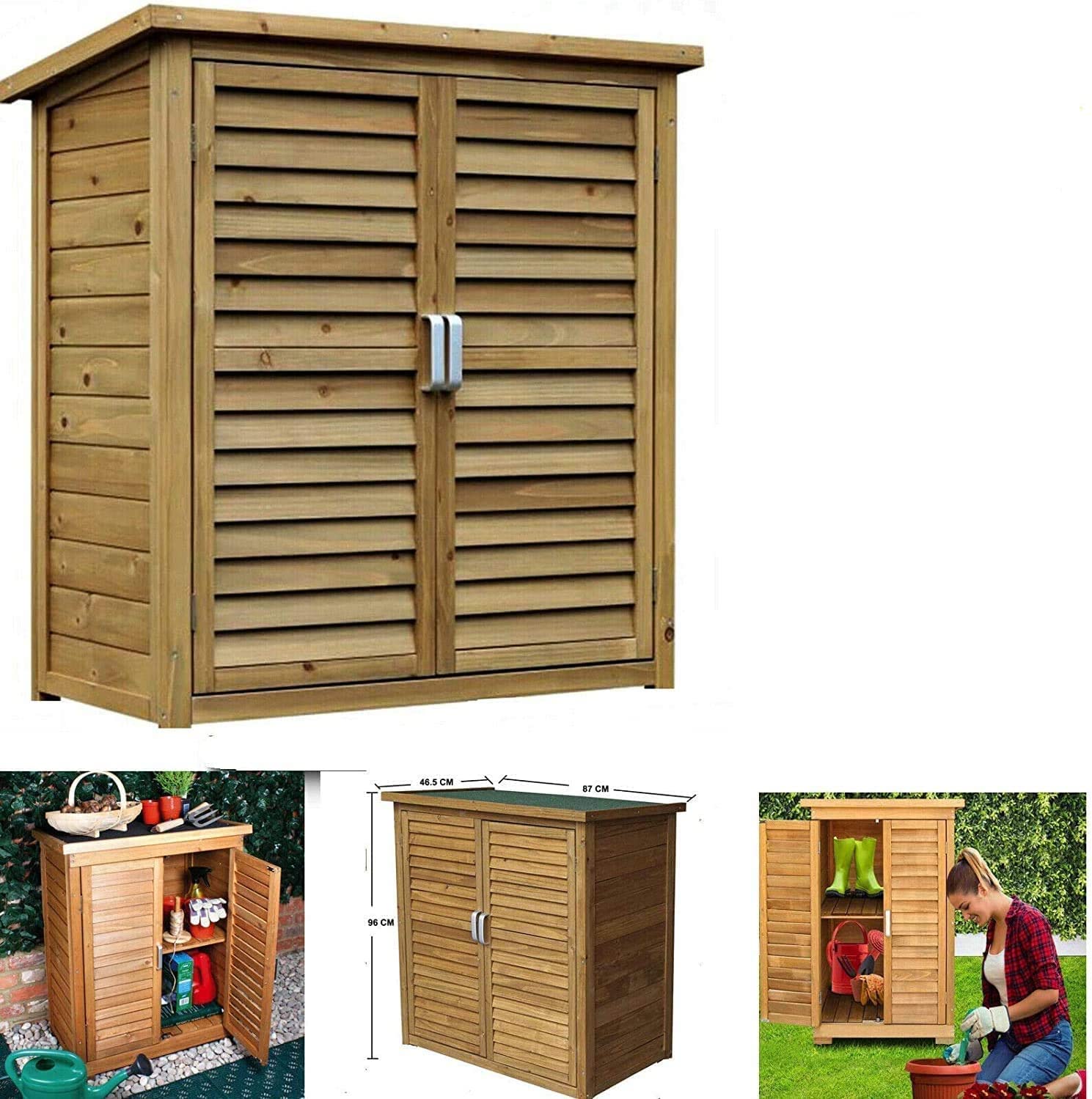 FEFE® Wooden Outdoor Garden Lawn Cabinet Tool Shed Shelf Cupboard Storage Shed Outdoor Storage Shed Chest Double Doors with Shelf Hinged Roof Compact Size 87 x 46.5 x 96cm