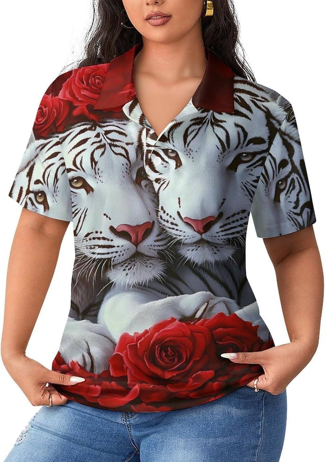 Tiger Red Rose Womens Golf Polo Shirts Summer Short Sleeve Collared 3 Buttons T Shirt Activewear Tops