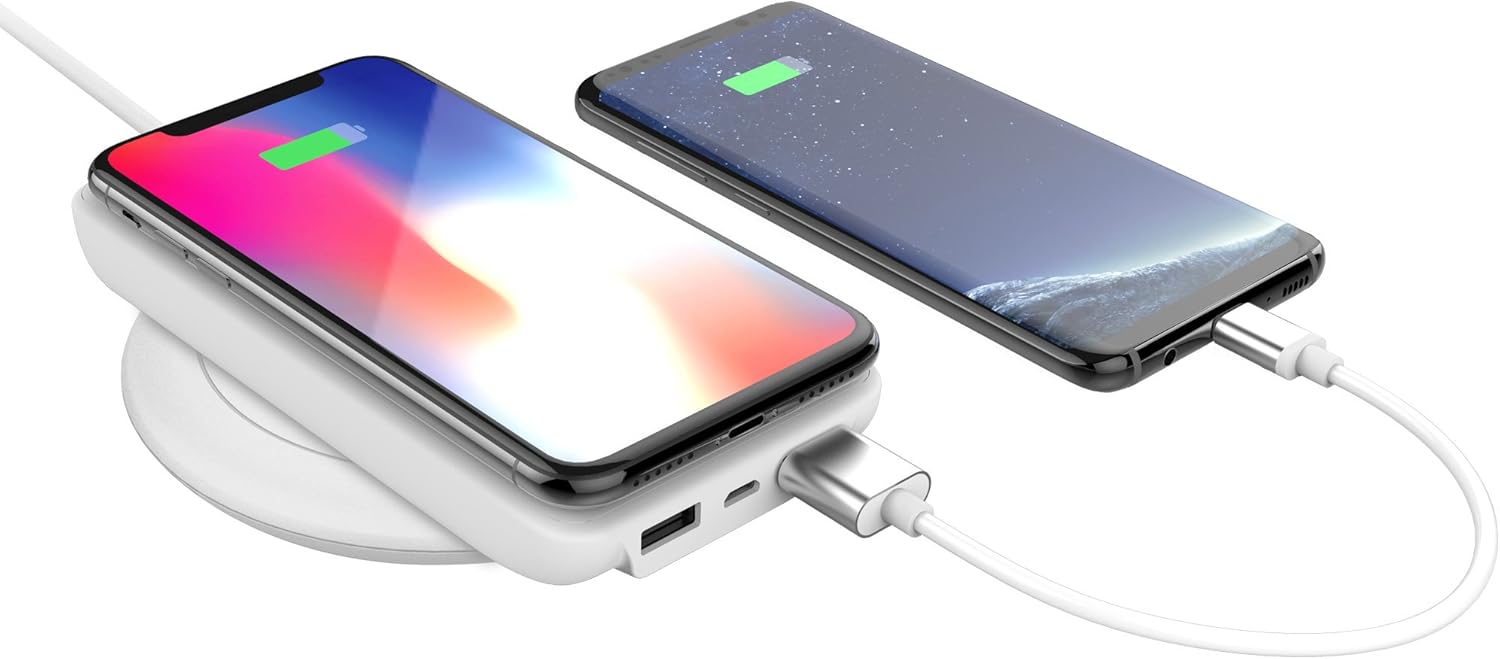 Two smartphones, one charging wirelessly and one charging via USB cable from the myCharge Unplugged power bank.